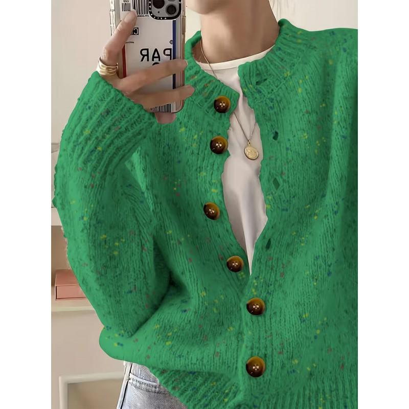 Womens Knit Cardigan Sweater Short Loose Fit Round Neck Single Button Front Fall Winter Casual Wear