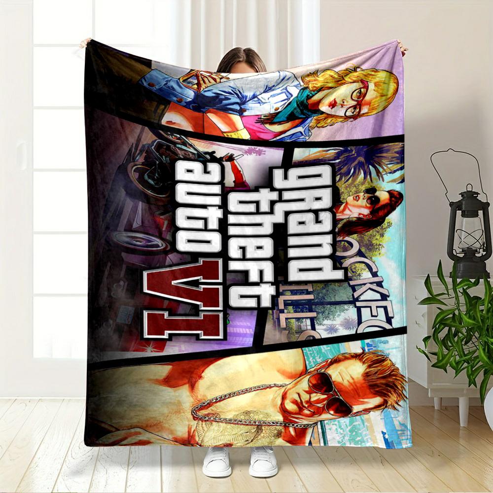 Grand Theft Auto VI Comic Panel Collage Blanket Throw, Vibrant Illustrated Game Style Design, Cozy Fan Bedding and All Seasons Gift