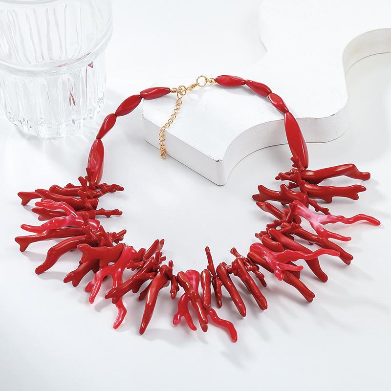 2Pcs Vintage Exaggerated Red Coral Necklace For Women Girls Boho Style Statement Retro Necklaces Fine Jewelry Gifts