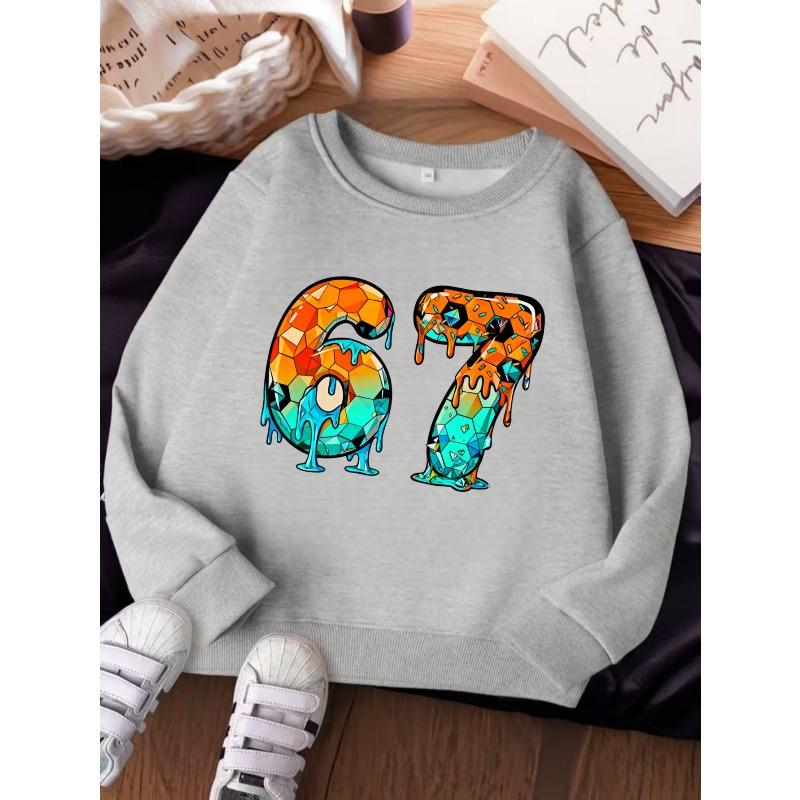 Unisex Kids Crewneck Sweatshirt For Over 4 Years Old Boys Girls Gradient Diamond Drip Melting Number 67  Pullover Top For 4-12 Children