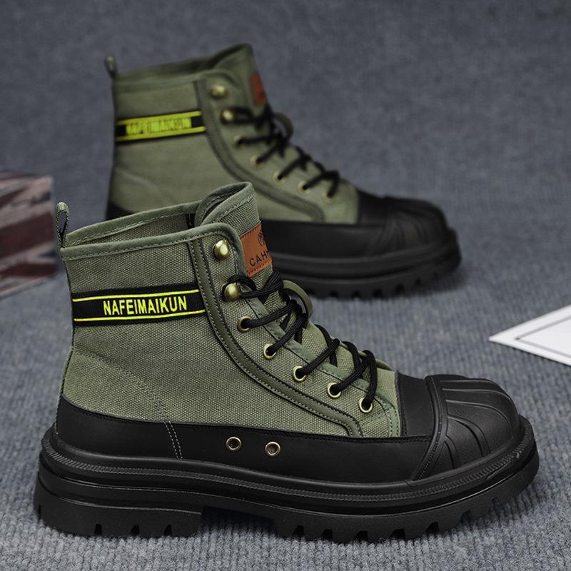 Fashion Men's High Top Leather Boots Motorcycle Men's Short Boots Color Matching Height Increase Thick Sole Casual Shoes Lace-up Shoes