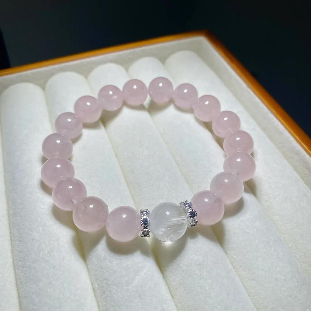Natural Pink Crystal Bracelet Simple Gentle Pink Crystal Elastic Bracelet for Women, Friendship Jewelry Gift