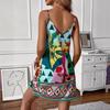 Vestido Corto Boho con Estampado de Tirantes para Mujer Cuello en V Cintura Alta Sin Mangas Vestido Corto de Tirantes Verano Transpirable Ligero Suave Vestido Vacaciones Vestido de Playa