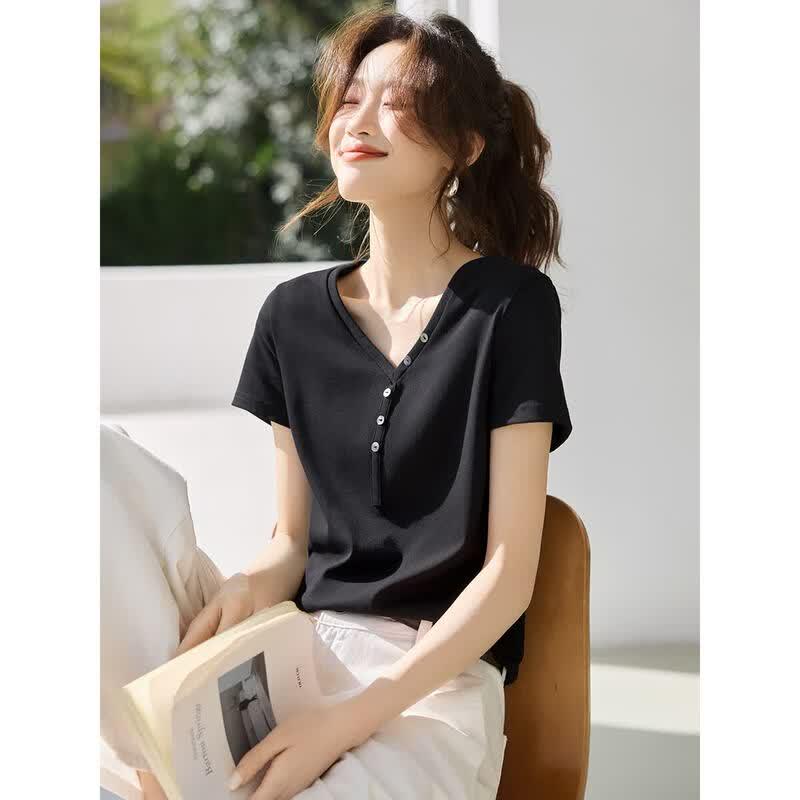 Mohan Yimei Women's V-Neck Short Sleeve Button-Detail Shirt