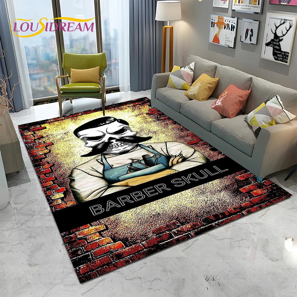 Berber Dükkanı Tabelası 3D Kurukafa Vintage HD Halı Kilim Ev Oturma Odası Yatak Odası Kanepe Paspas Dekorasyonu için, Çocuk Alan Halısı Kaymaz Zemin Matı