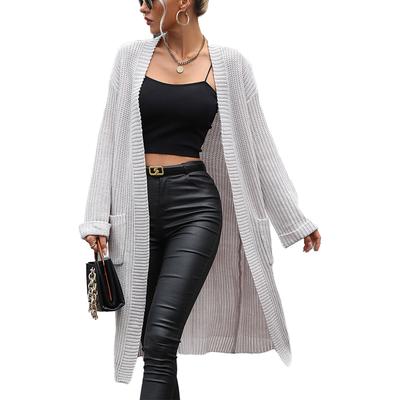 Open Front Outwear Long Sleeve Mid Length Pure Color Women Knit Sweater Coat with Pockets for