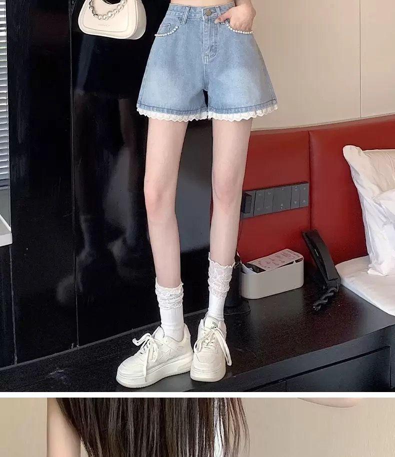 Women's Summer 2026 High Waist Beaded Lace Denim Shorts - Plus Size, Slimming, Versatile, Petite-Wide Leg