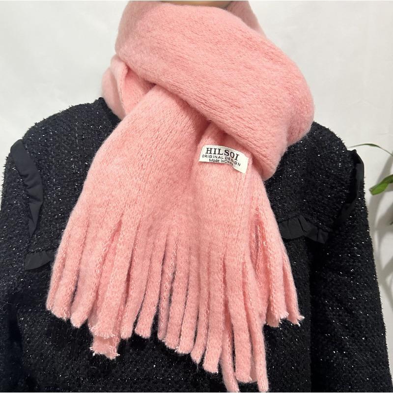Solid Color Tassel Soft Waxy Plush Scarf for Women Autumn and Winter Plus Velvet Thickened Versatile Couple Student Warm Scarf