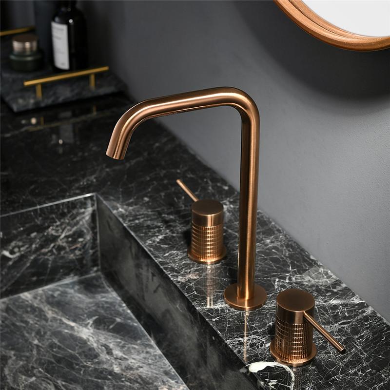 Tuqiu Brushed Gold Bathroom Faucet Widespread Rose Gold Basin Faucet 3 Hole Black Sink Faucet Mixer Gray Hot Gold Water Tap