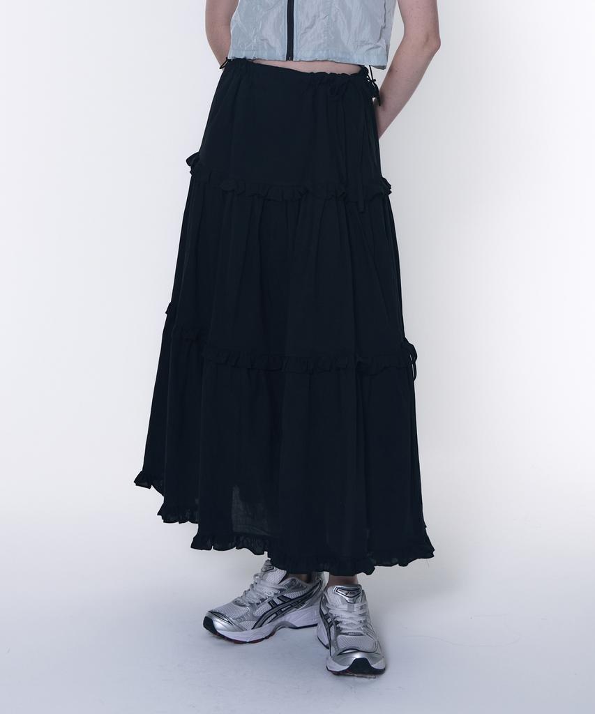 PLACE STUDIO Tiered Frill Flare Ribbon Shirred Long Cotton Skirt [Black]