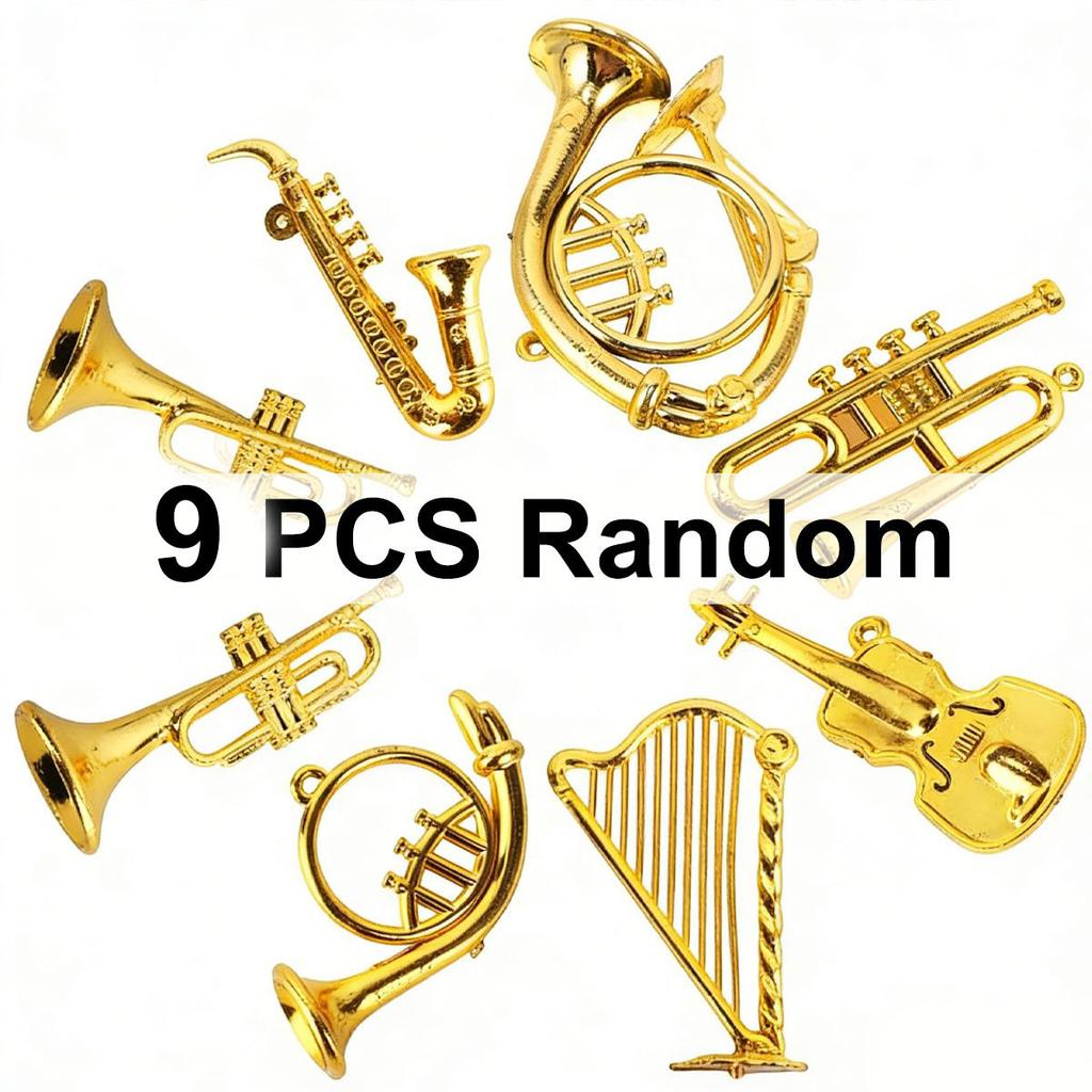 9Pcs Mini Golden Musical Instrument Miniatures 2-7cm, Dollhouse Decorative Accessories, Desktop Ornaments & Xmas Tree  ZSY
