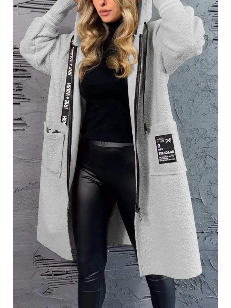 

Повседневное пальто-худи из лоскутов овечьей шерсти с принтом букв, на молнии и со шнурком, 2024 M серый