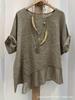 Women's Linen Blend Patchwork Mid-Sleeve Batwing Top with Irregular Hem