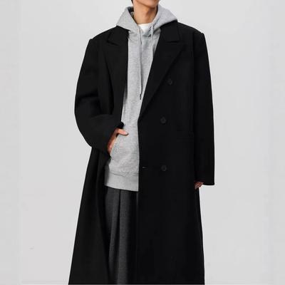 Trendy Men's Three-Button Mid-Length Wool Trench Coat with Padded Shoulders