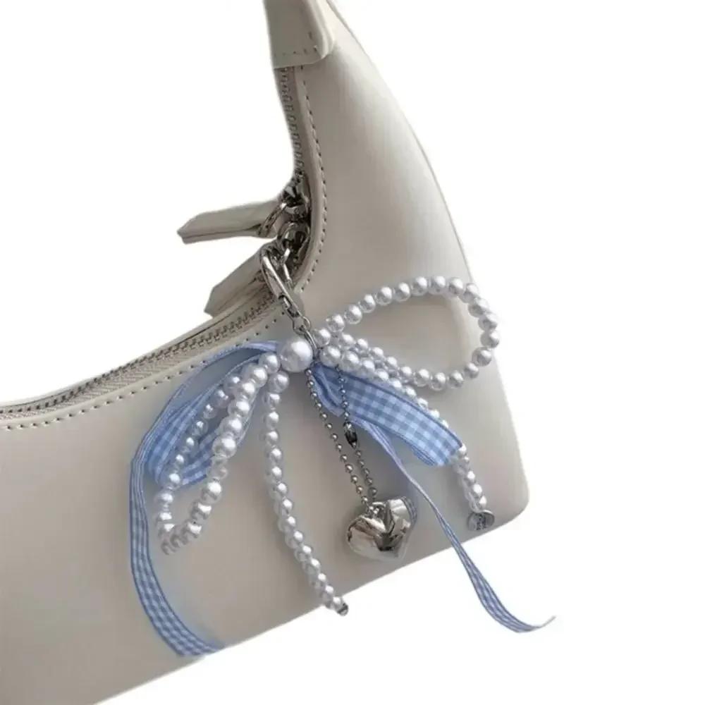 Korean Cute Lace Bow Pearl Beaded Phone Pendant Chain Accessories Aesthetic Ballet Shoes Camera Bag Decoration Keychain Gift