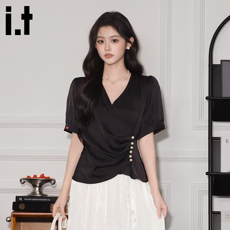 Women s V-Neck Short Sleeve Waist-Cinching Shirt 2XL