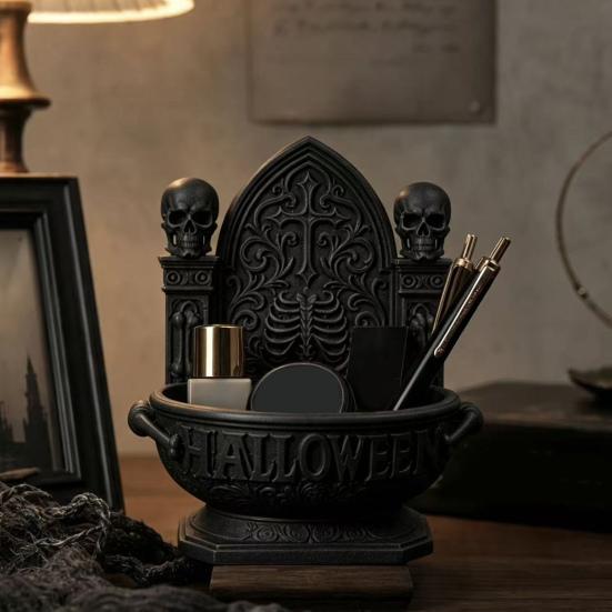 DIY Plain Style Craft Basin Halloween Gothic Cathedral Candy Bowl, 3D Printed Spooky Dark Storage Art Ornament Dish, Desktop Snack Serving Tray