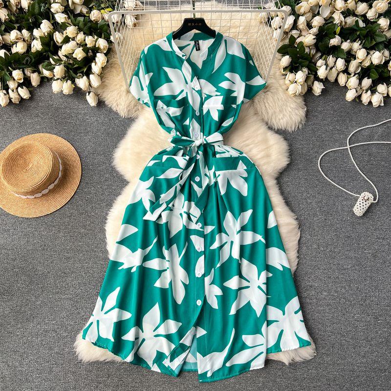 

Fashion Wind Stylish Print Lace-up Waist-Controlled Dress Dark green All yards