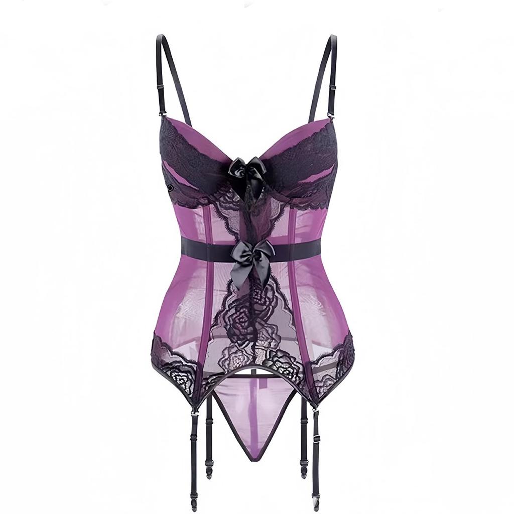 Sexy Lingerie Set Loungewear Cute Erotic Extreme Sexy Competition Leotard One Size Purple [SENMHS] 4-piece [Top, Shorts, Garter, Stockings]