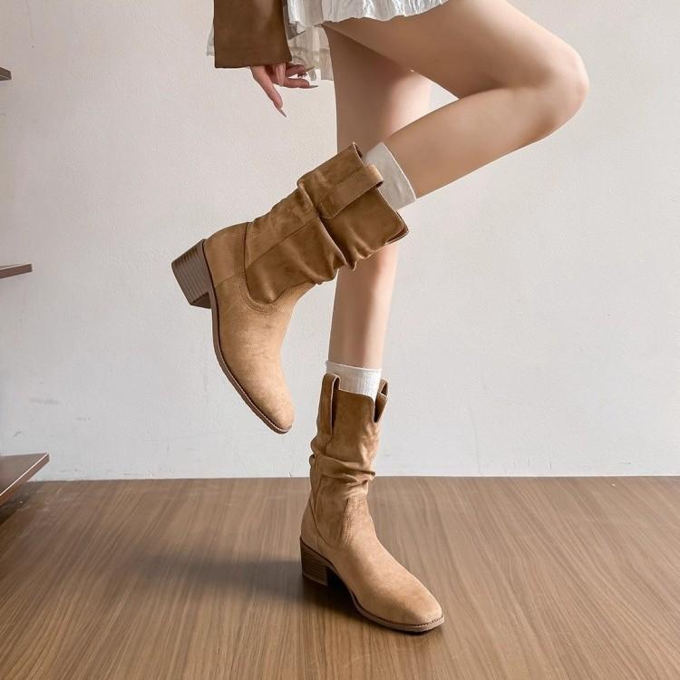 Sheepskin version! Western pleated short boots women's pile boots retro British style small man inner height increase medium tube Martin boots
