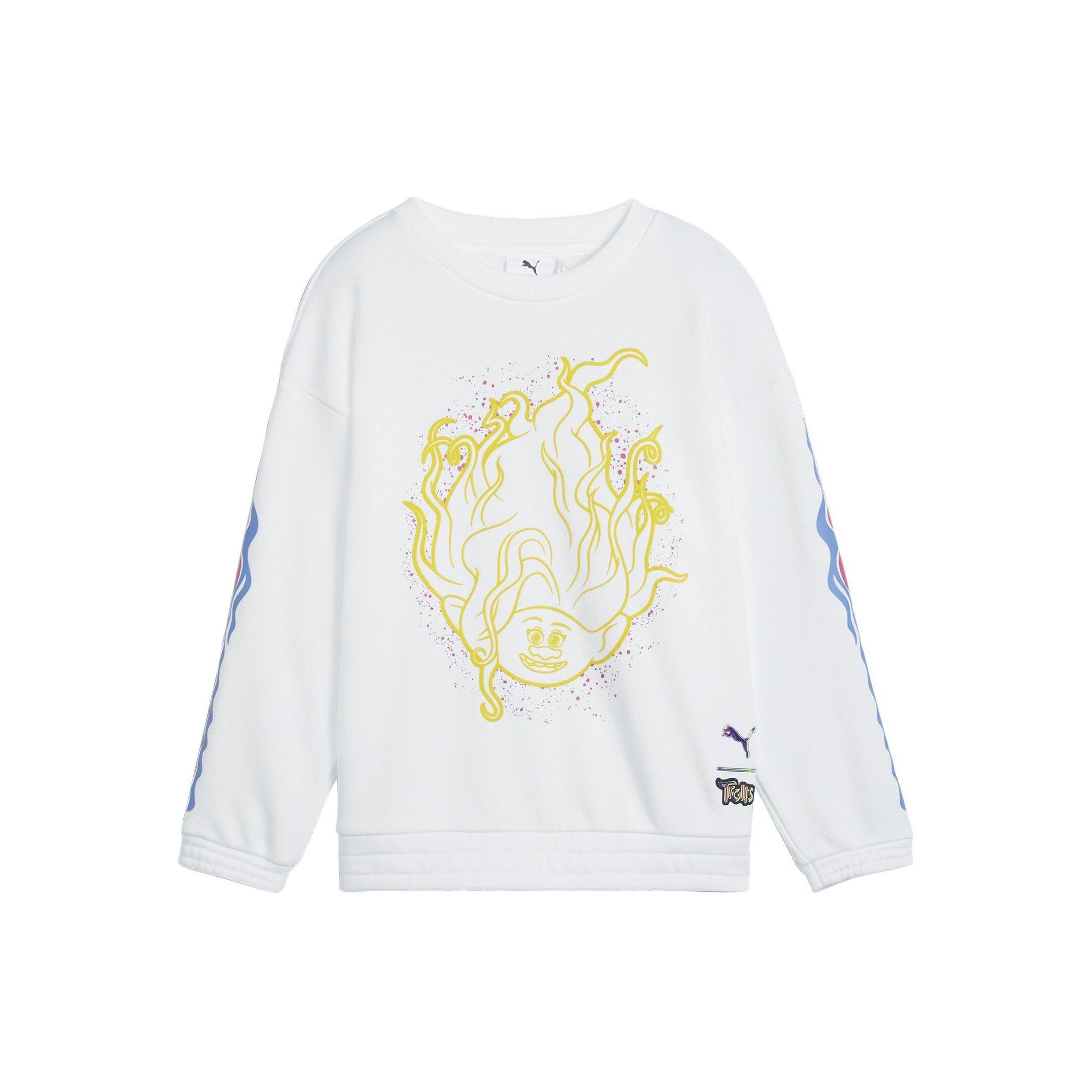 Puma X Trolls Sweatshirt Cartoon Element Pattern Design Casual Crew Neck Long Sleeve Kids tops White 624851-02 98