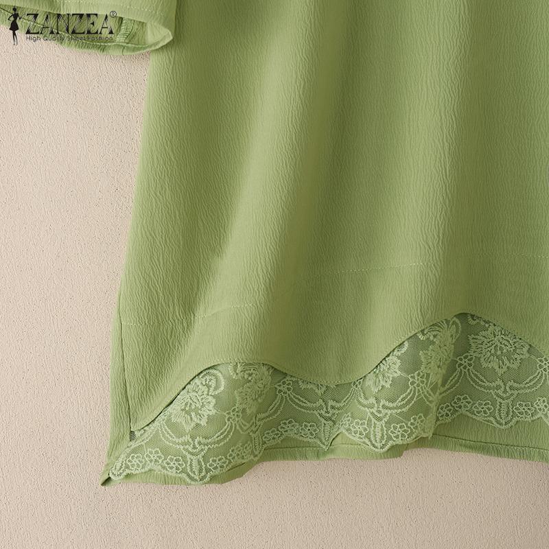 ZANZEA חולצת נשים קז'ואלית עם צווארון עגול ושרוולים קצרים, תחרה מחוברת