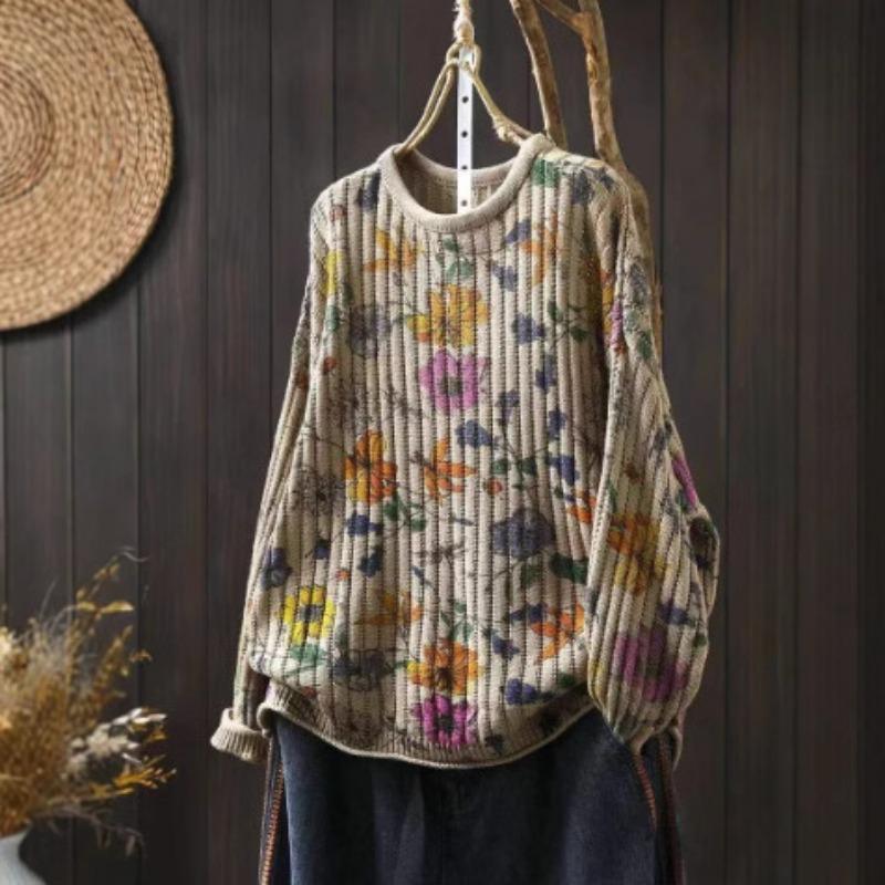 

Осенний свитер с круглым вырезом и длинными рукавами, женский ретро-принт, гофрированный, простой, повседневный, свободный, хлопковый свитер One Size хаки