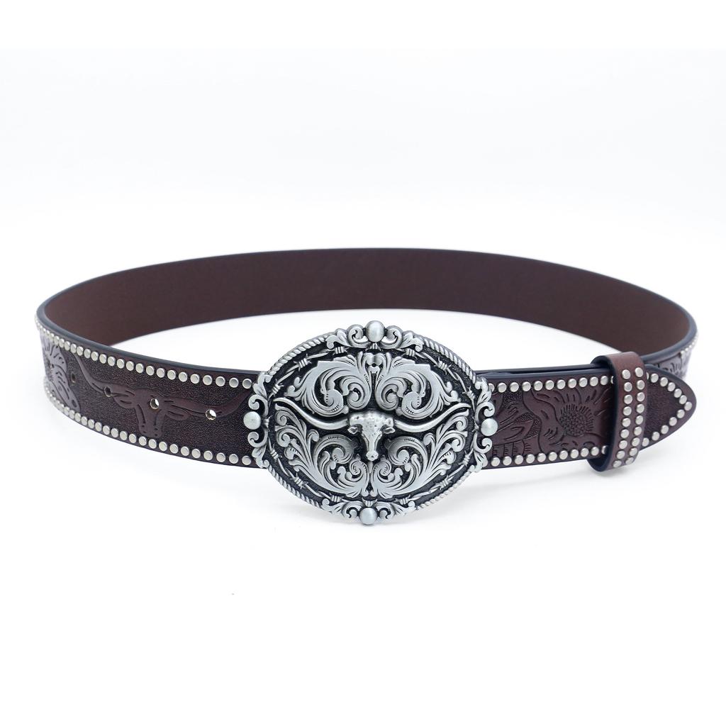 Western Denim Belt Carved Bull Head Vintage Edge Beads Men'S Punk Hip Hop Pu Leather