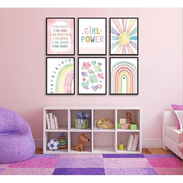 6Pcs Pink Boho Sun Rainbow Wall Art Colorful Heart Pattern Poster Prints Girl Power Canvas Pictures for Toddler Nursery Girl Kids Room