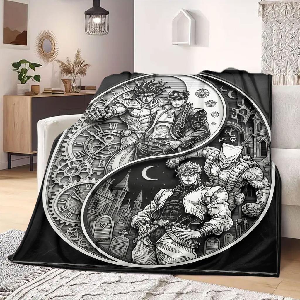 JoJo's Bizarre Adventure Flanelldecke mit Aufdruck, Bettwäsche im Cartoon-Design für Sofa, Gemütliche Heimdekoration, Reise-Picknick-Decke_LIAN
