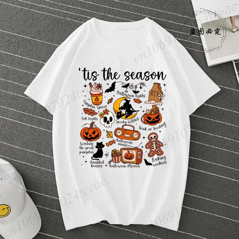 Vintage Halloween TShirts Tis The Season Tops Retro Halloween Aesthetic Tees Womens Halloween Pumpkin Witch Graphic Tee S