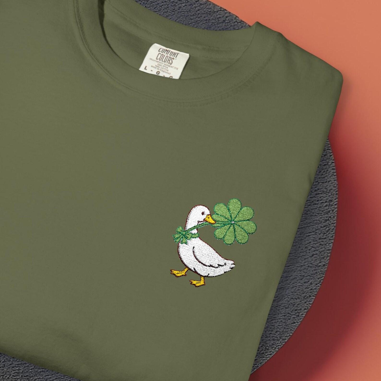 Comfort Colors Goose Embroidered T- Shirt, Lucky Duck Shirt, Cute Goose with Clover Tee, Clover Shirt Gift for St Patrick’s Day 2XL