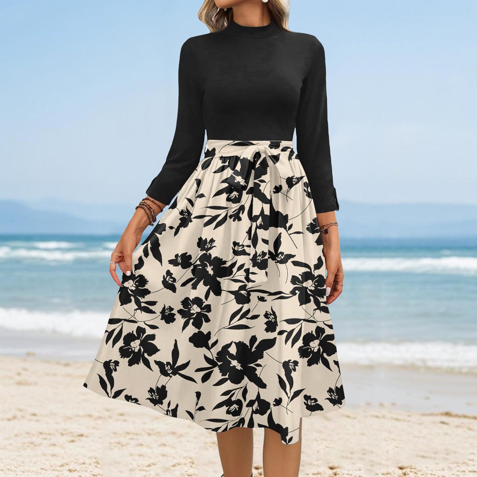 

Women s Fashion Casual Belt Seven Sleeve Round Neck Floral Temperament Dresses S хакі