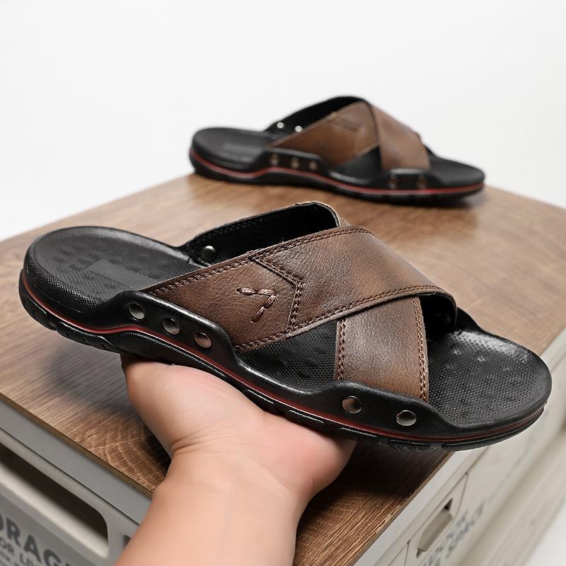 

Foreign trade 20252025 tourism outdoor summer men s shoes one-word slippers cowhide beach sandals large size men 48