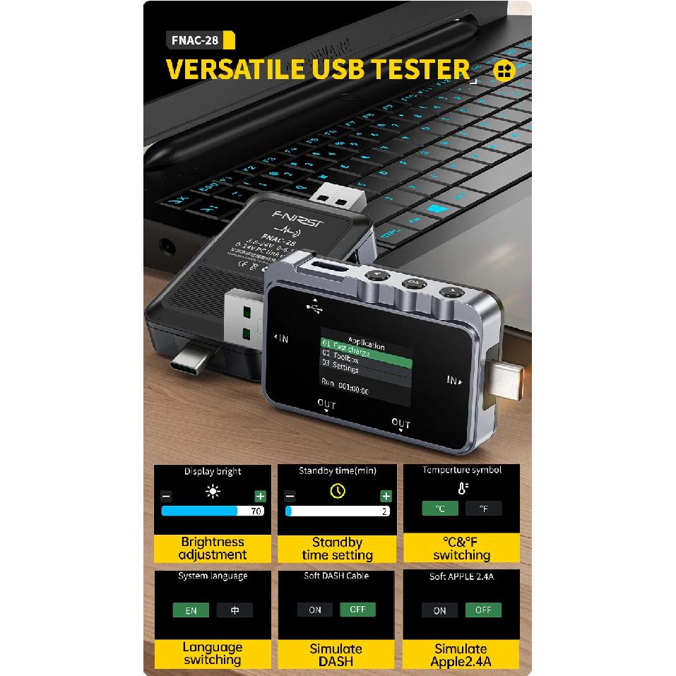 FNIRSI FNAC-28 2 IN 1 Type-C USB Tester Digital Voltmeter Ammeter Amperimetor Voltage Current Meter Power Bank Charger Measure