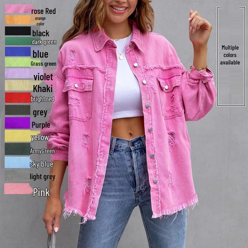 Women's Ripped Denim Jacket - Solid Color, Loose Fit, Long Sleeve, European & American Style