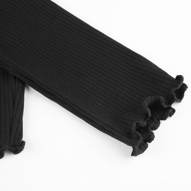 Cárdigan de punto de canalé con encaje de color sólido estilo europeo y americano con borde de oreja de madera y camiseta de manga larga para top casual de mujer con cuello en V