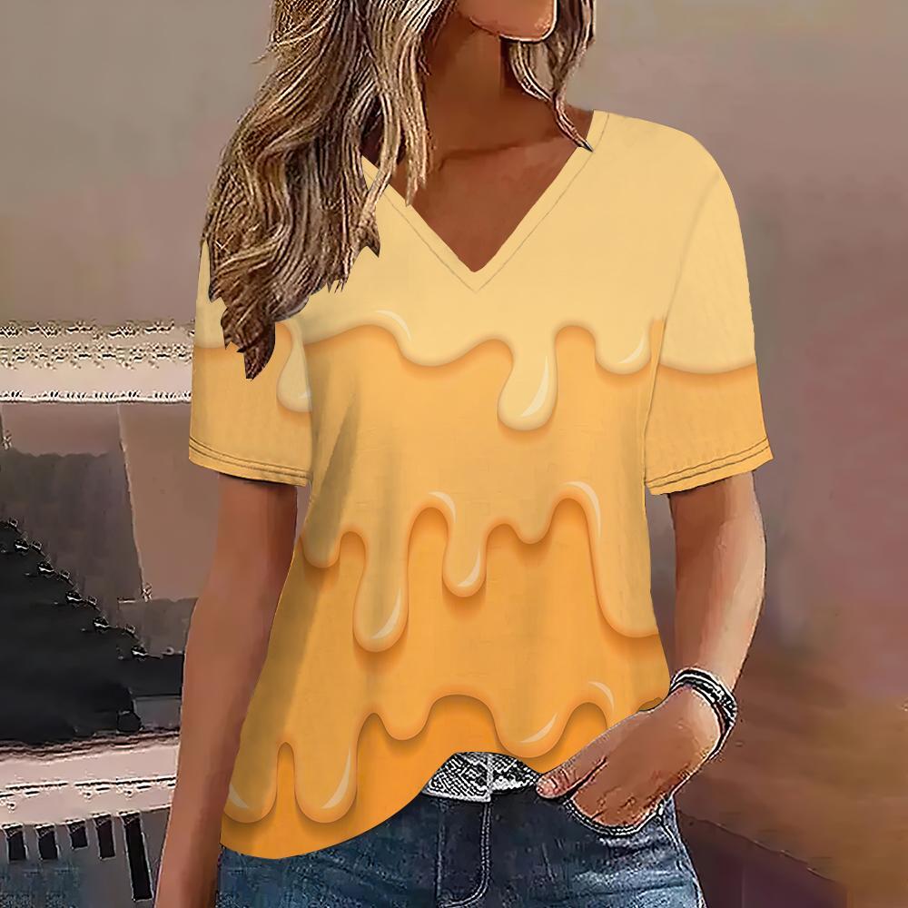 

Gradient V-neck short sleeved T-shirt, fashionable women s T-shirt, printed basic top, street wear, summer oversized clothing, women s T-shirt 5XL