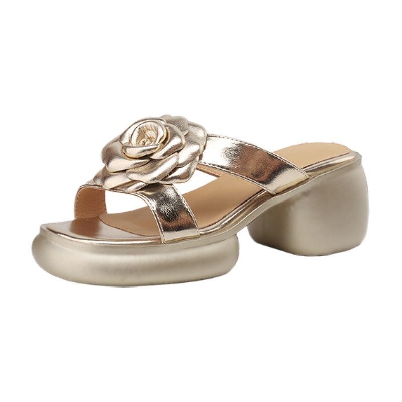 Fashion outerwear thick-soled Roman slippers soft leather one-character flower sandals thick heel muffin bottom gold open-toed sandals
