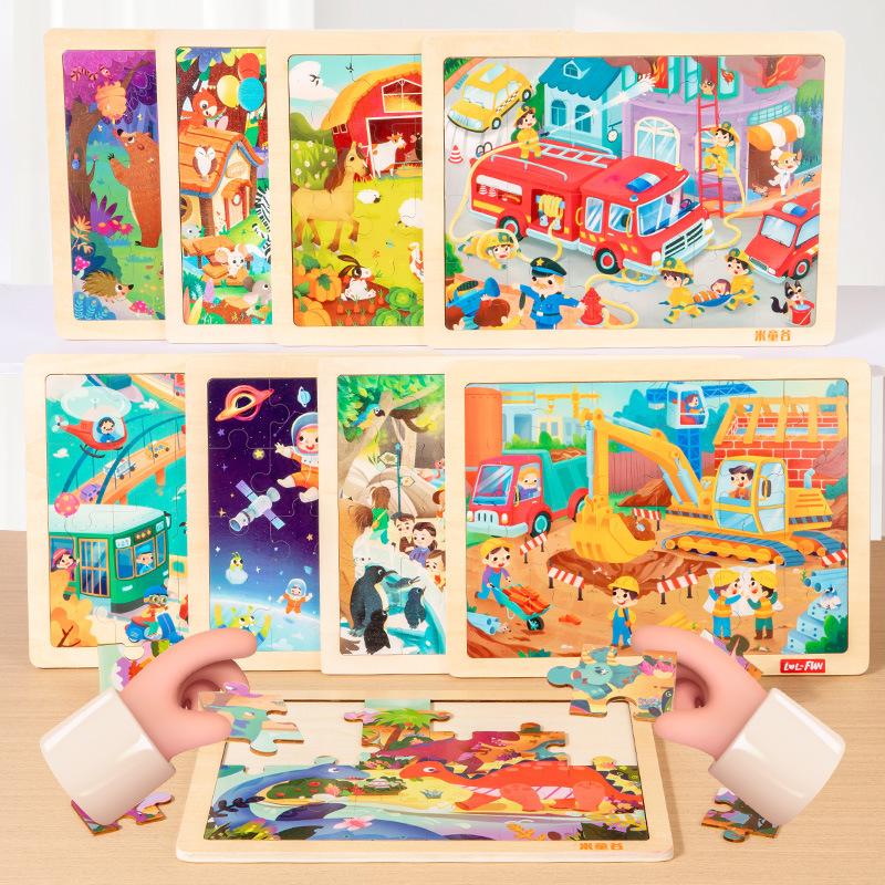 Holzpuzzles für 4-6 Jahre, Kinder-Frühbildungs-Holz-Set mit lustigen Puzzles, Waldtiere Bauernhof Verkehr Bildungs-Gehirnspielzeug, Puzzlebretter Spielzeug