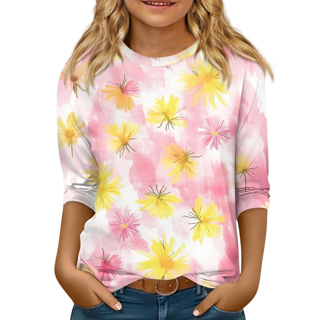 Children's 3/4 Sleeve Tops Casual  Print T Shirt Round Neck Pullover Blouse