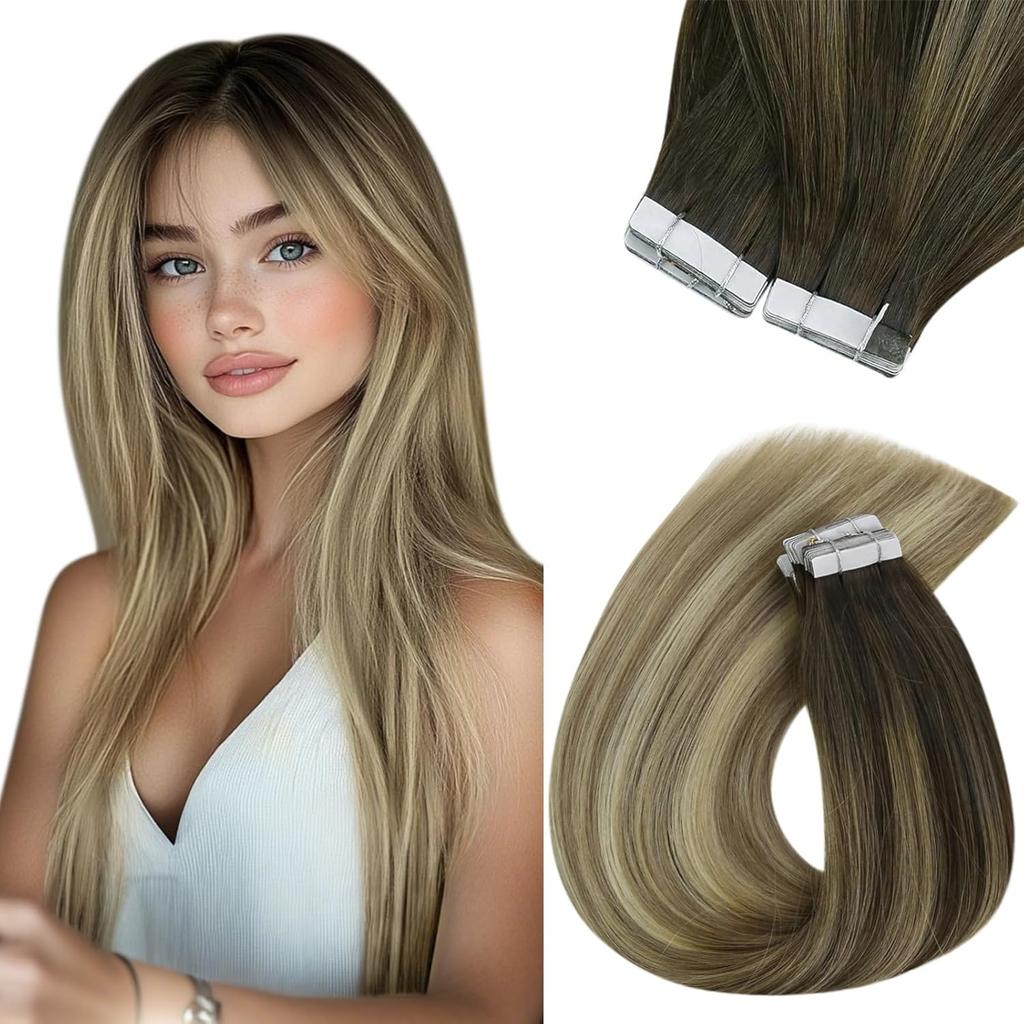 VeSunny Remy Tape In Hair Extensions Brazilian Human Natural Hair 12-22 inches 30&50G Balayage Human Hair Extensions