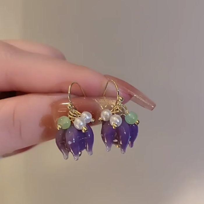 Elegant Purple Floral Pearl Summer Earrings with Versatile Design