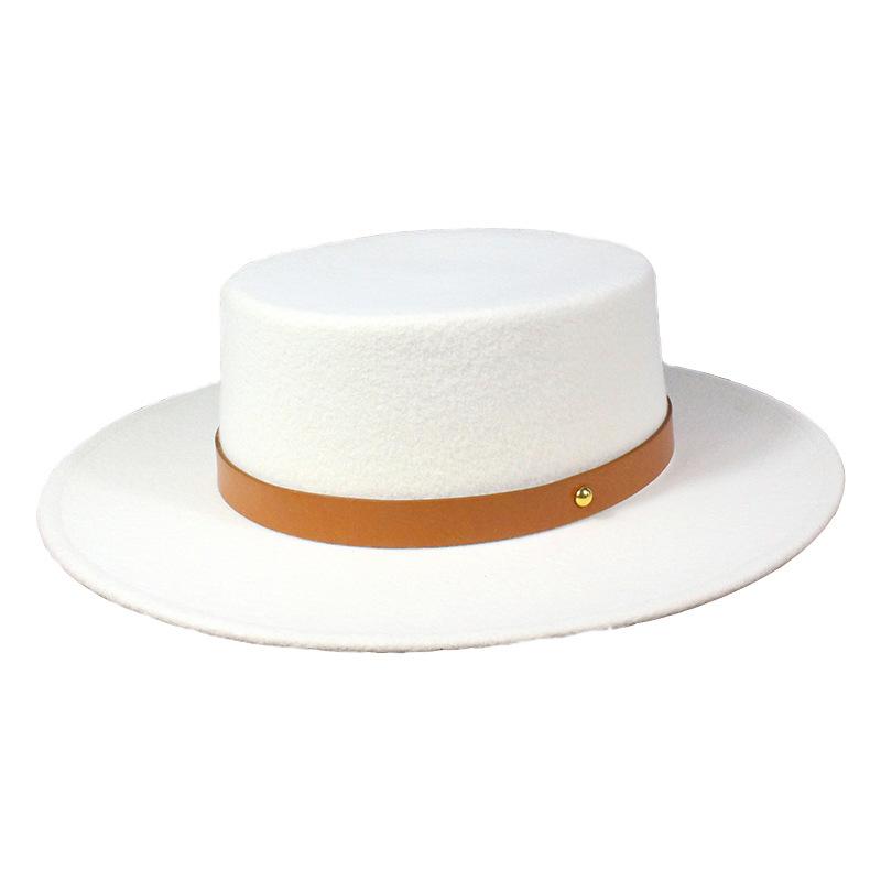 New white woolen top hat for women, British versatile flat top big eaves hat for children, autumn and winter trendy men