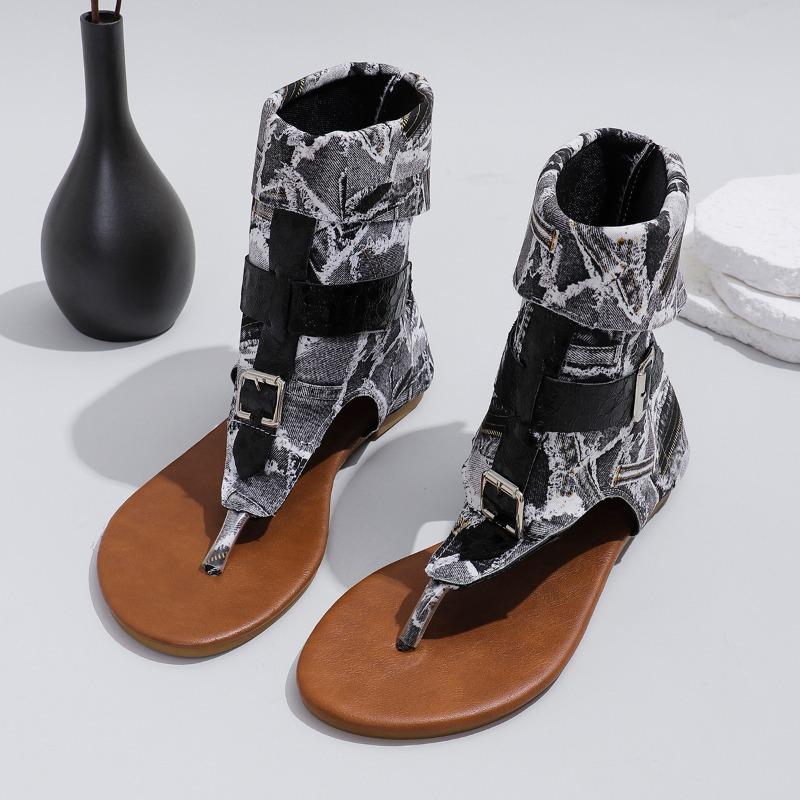 Fashion Women Sandals Summer Clip Toe Roman Sandals Denim Belt Buckle New High Top Herringbone Flat Boots Women Dressy Casual Sandals