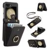 For Samsung Galaxy Z Flip7 5G Case Card Holder Ring Kickstand TPU+PU Leather Phone Cover with Long Strap