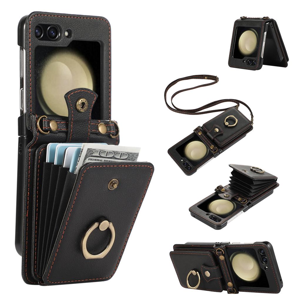 For Samsung Galaxy Z Flip7 5G Case Card Holder Ring Kickstand TPU+PU Leather Phone Cover with Long Strap