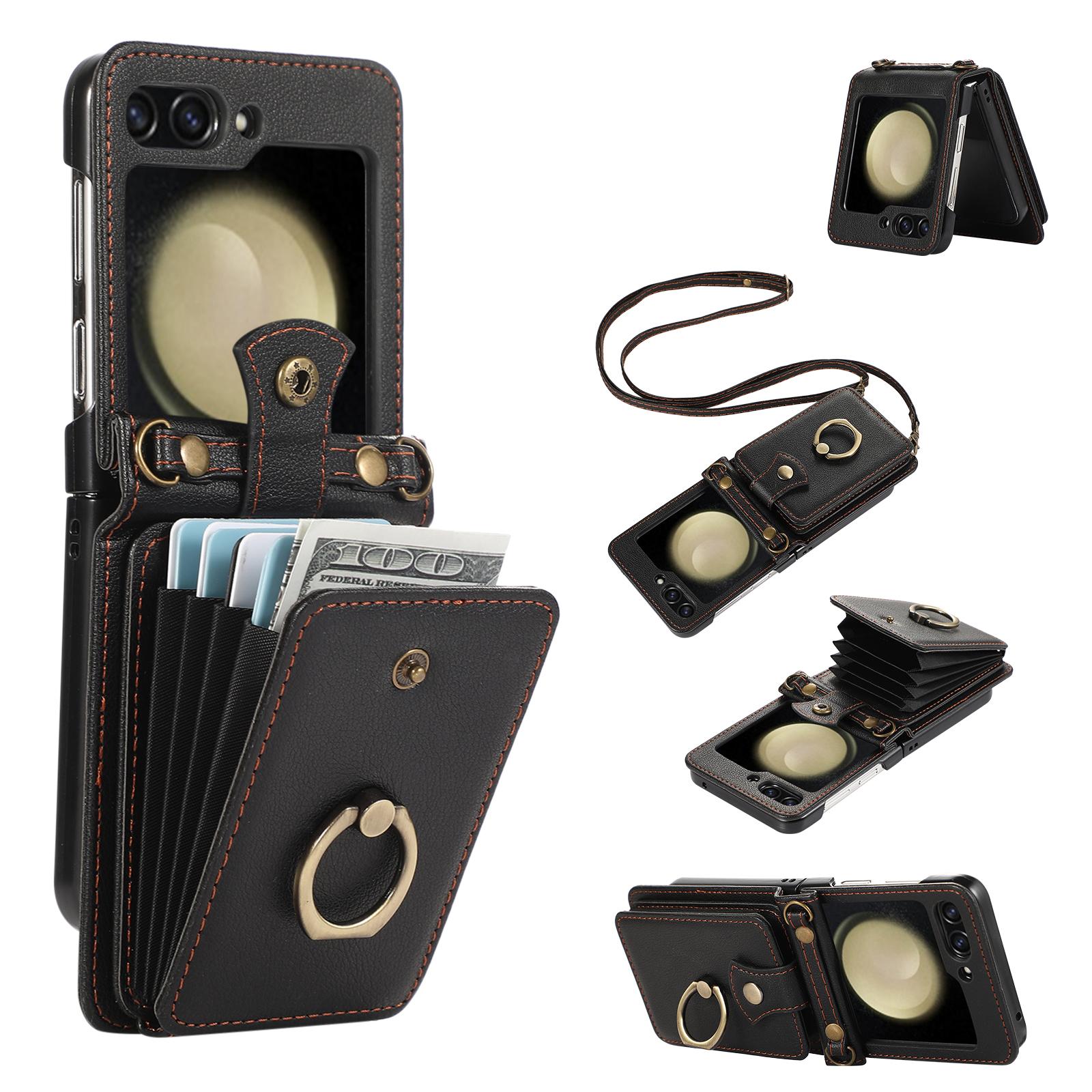 

For Samsung Galaxy Z Flip5 5G Case Card Holder Ring Kickstand TPU+PU Leather Phone Cover with Long Strap Black