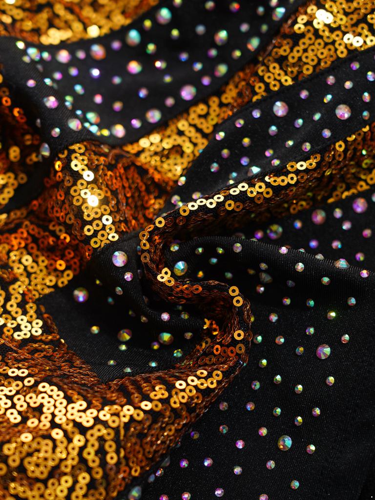 Girls Performance Dance Set Mock Neck Long Sleeve Sequins Crop Top Flowing Chiffon Wide Leg Dance Pants