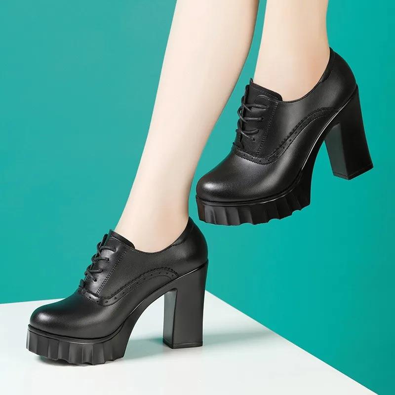 10cm Small Size 32-43 British Deep Mouth Platform Shoes Brogues Fall 2025 Block High Heels Shoes Genuine Leather Shoes Office